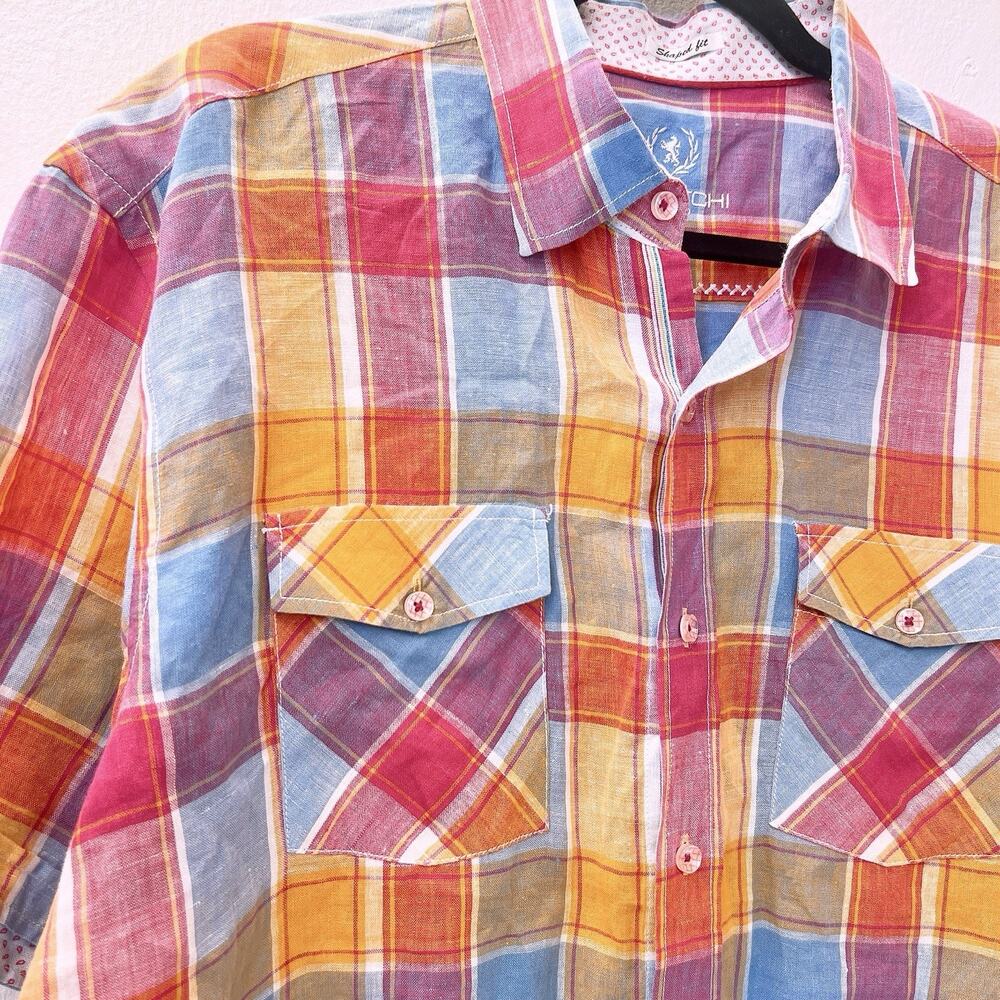 Bugatchi Uomo 100% Linen Shaped Fit Men Large Colorful‎ Plaid Short Sleeve Shirt